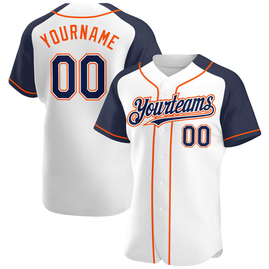 Custom White Navy-Orange Authentic Raglan Sleeves Baseball Jersey - Sky-Custom