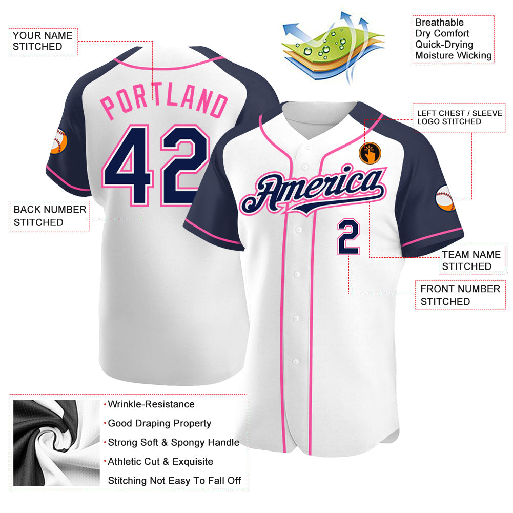 Custom White Navy-Pink Authentic Raglan Sleeves Baseball Jersey - Sky-Custom