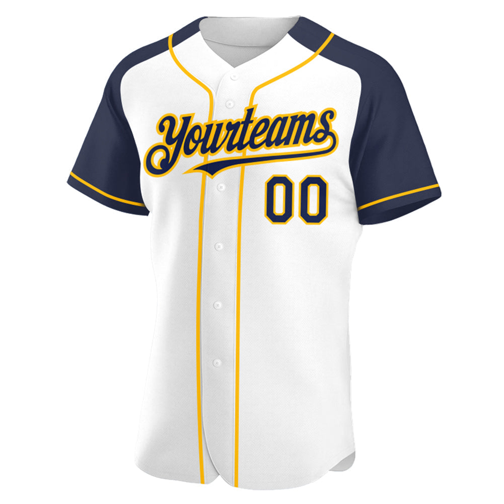 Custom White Navy-Gold Authentic Raglan Sleeves Baseball Jersey - Sky-Custom