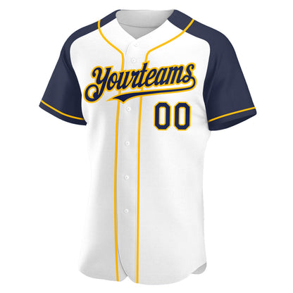 Custom White Navy-Gold Authentic Raglan Sleeves Baseball Jersey - Sky-Custom
