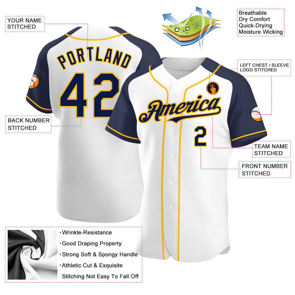 Custom White Navy-Gold Authentic Raglan Sleeves Baseball Jersey - Sky-Custom