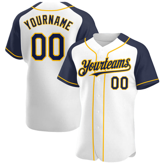 Custom White Navy-Gold Authentic Raglan Sleeves Baseball Jersey - Sky-Custom