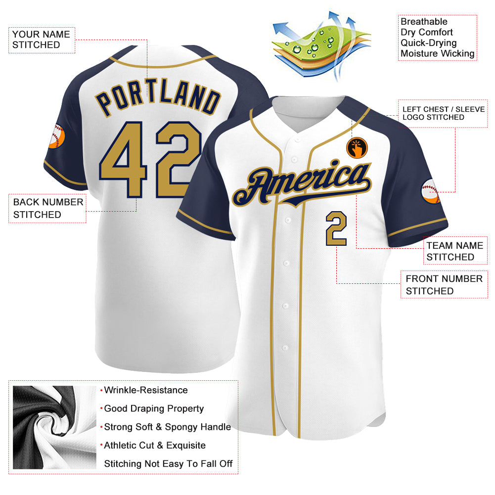 Custom White Old Gold-Navy Authentic Raglan Sleeves Baseball Jersey - Sky-Custom
