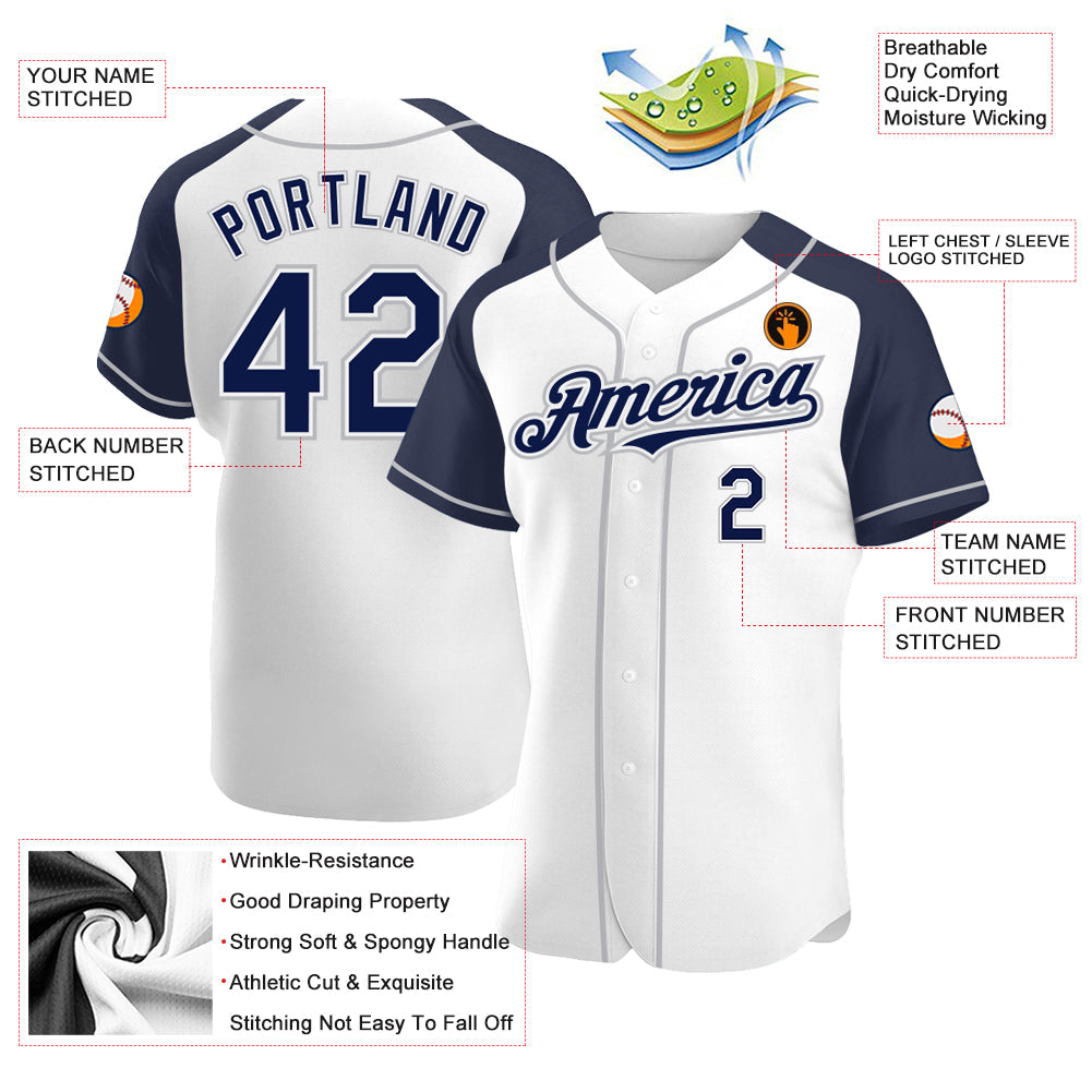 Custom White Navy-Gray Authentic Raglan Sleeves Baseball Jersey - Sky-Custom