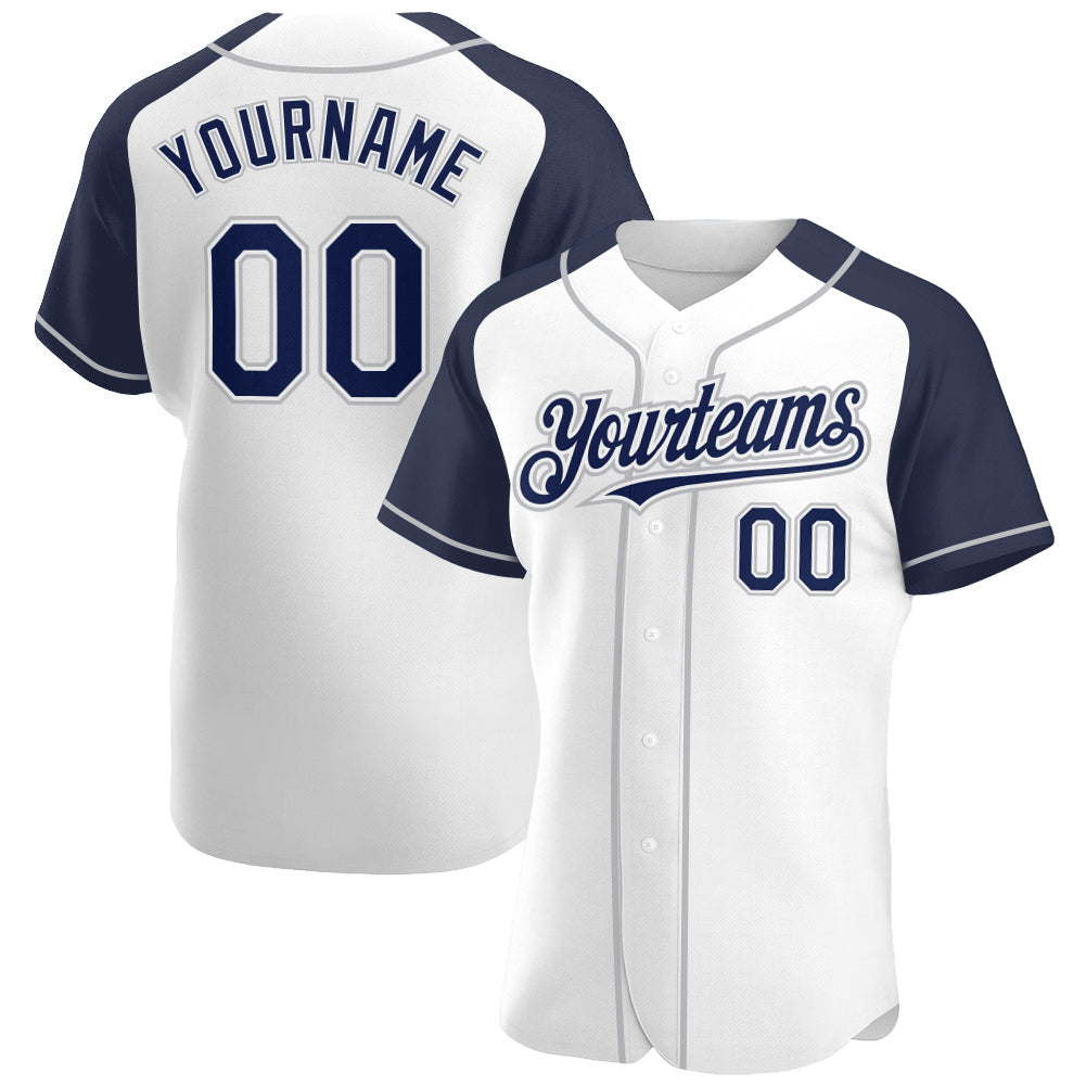 Custom White Navy-Gray Authentic Raglan Sleeves Baseball Jersey - Sky-Custom