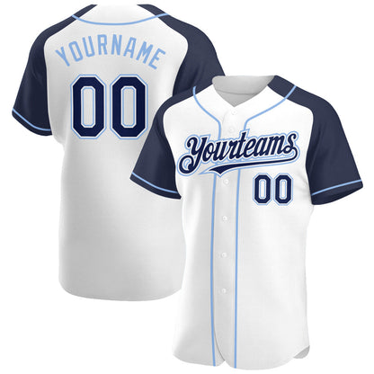 Custom White Navy-Light Blue Authentic Raglan Sleeves Baseball Jersey - Sky-Custom