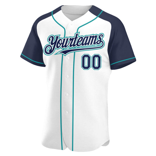 Custom White Navy-Teal Authentic Raglan Sleeves Baseball Jersey - Sky-Custom