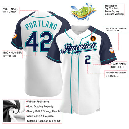 Custom White Navy-Teal Authentic Raglan Sleeves Baseball Jersey - Sky-Custom