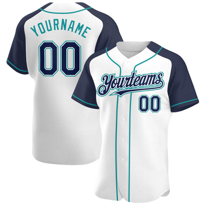 Custom White Navy-Teal Authentic Raglan Sleeves Baseball Jersey - Sky-Custom