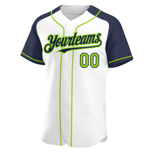Custom White Neon Green-Navy Authentic Raglan Sleeves Baseball Jersey - Sky-Custom