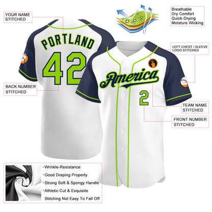 Custom White Neon Green-Navy Authentic Raglan Sleeves Baseball Jersey - Sky-Custom