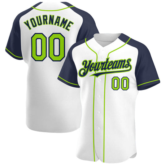 Custom White Neon Green-Navy Authentic Raglan Sleeves Baseball Jersey - Sky-Custom