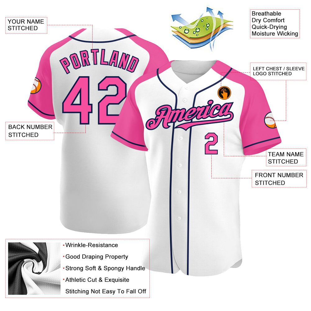 Custom White Pink-Navy Authentic Raglan Sleeves Baseball Jersey - Sky-Custom