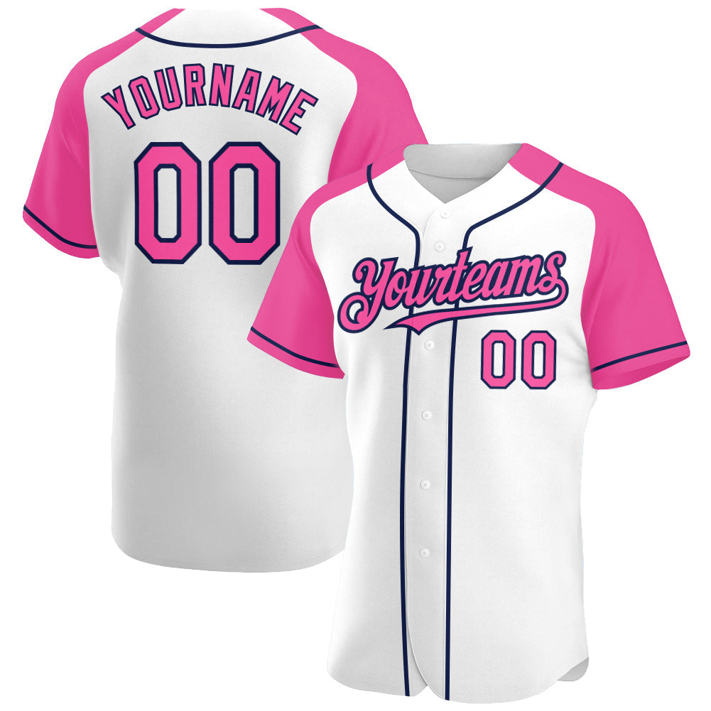 Custom White Pink-Navy Authentic Raglan Sleeves Baseball Jersey - Sky-Custom