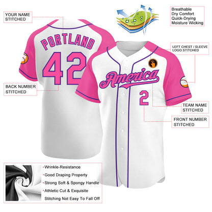 Custom White Pink-Purple Authentic Raglan Sleeves Baseball Jersey - Sky-Custom