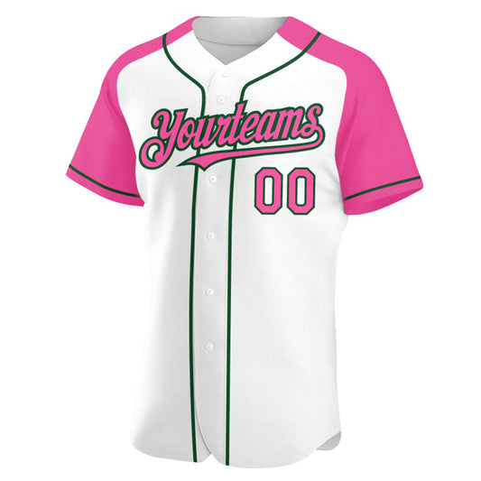 Custom White Pink-Green Authentic Raglan Sleeves Baseball Jersey - Sky-Custom