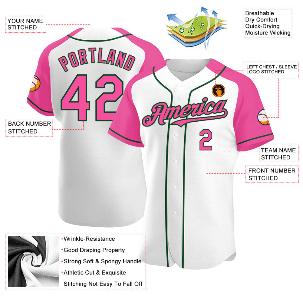 Custom White Pink-Green Authentic Raglan Sleeves Baseball Jersey - Sky-Custom