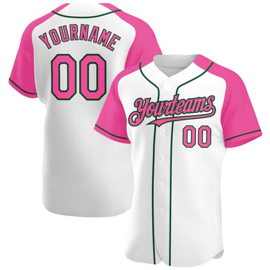 Custom White Pink-Green Authentic Raglan Sleeves Baseball Jersey - Sky-Custom