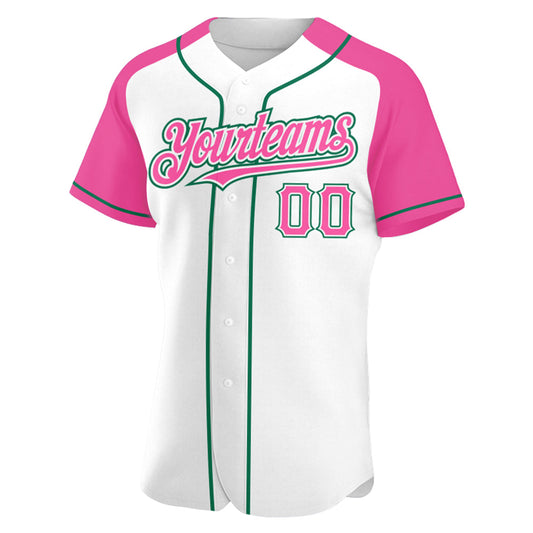 Custom White Pink-Kelly Green Authentic Raglan Sleeves Baseball Jersey - Sky-Custom