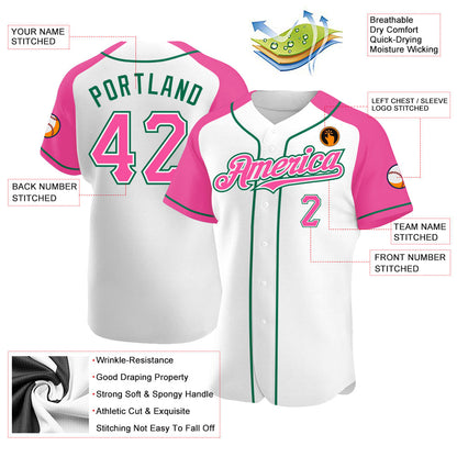 Custom White Pink-Kelly Green Authentic Raglan Sleeves Baseball Jersey - Sky-Custom