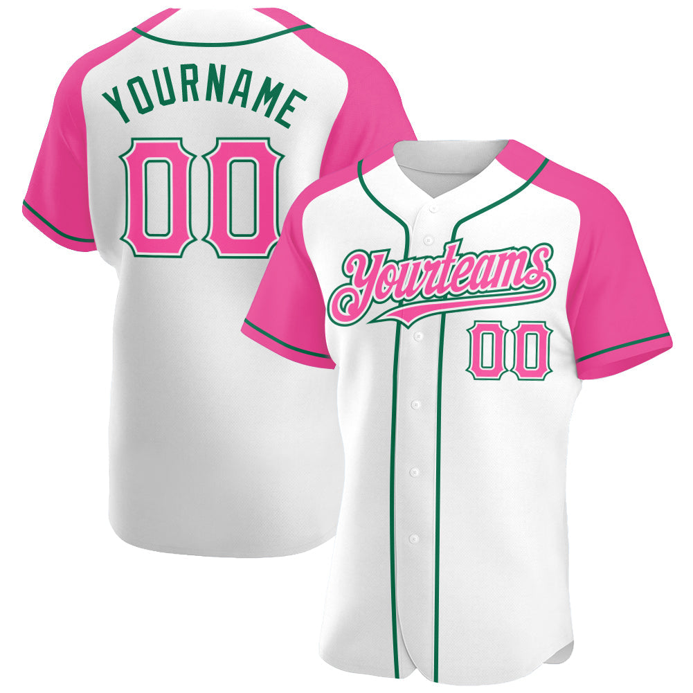 Custom White Pink-Kelly Green Authentic Raglan Sleeves Baseball Jersey - Sky-Custom