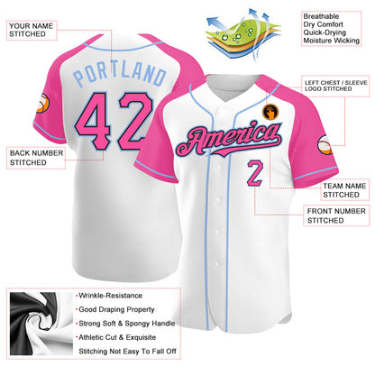 Custom White Pink Black-Light Blue Authentic Raglan Sleeves Baseball Jersey - Sky-Custom