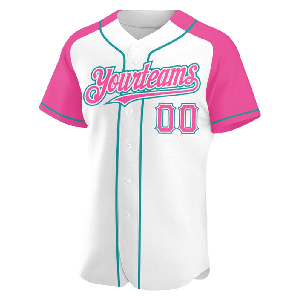 Custom White Pink-Teal Authentic Raglan Sleeves Baseball Jersey - Sky-Custom