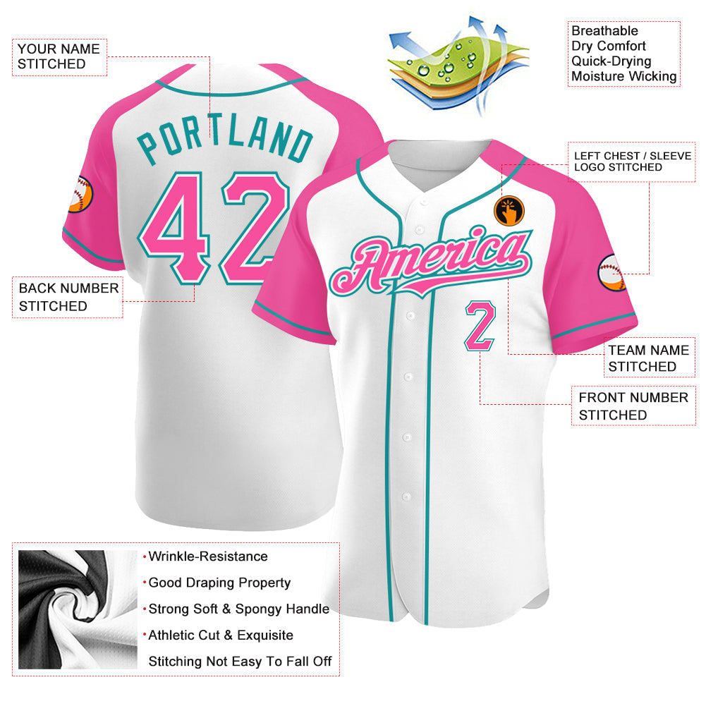 Custom White Pink-Teal Authentic Raglan Sleeves Baseball Jersey - Sky-Custom