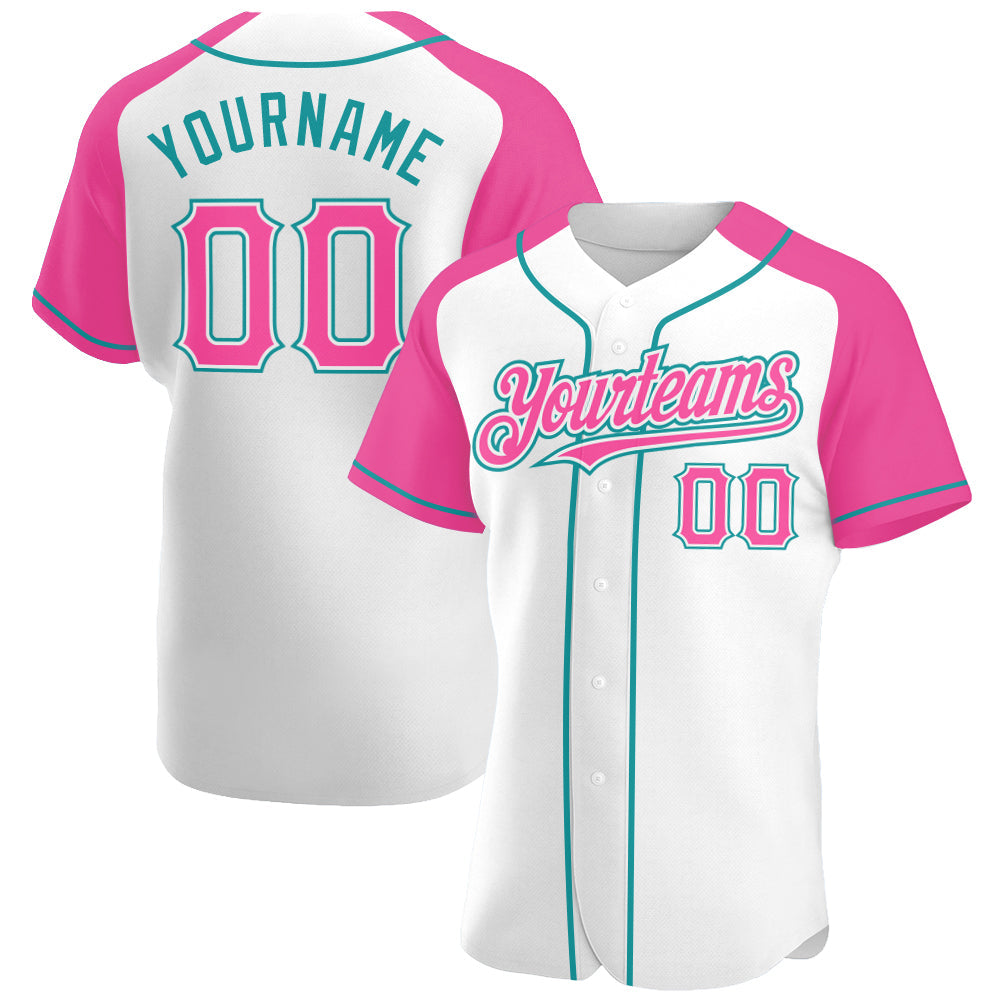 Custom White Pink-Teal Authentic Raglan Sleeves Baseball Jersey - Sky-Custom