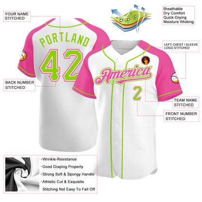 Custom White Neon Green-Pink Authentic Raglan Sleeves Baseball Jersey - Sky-Custom
