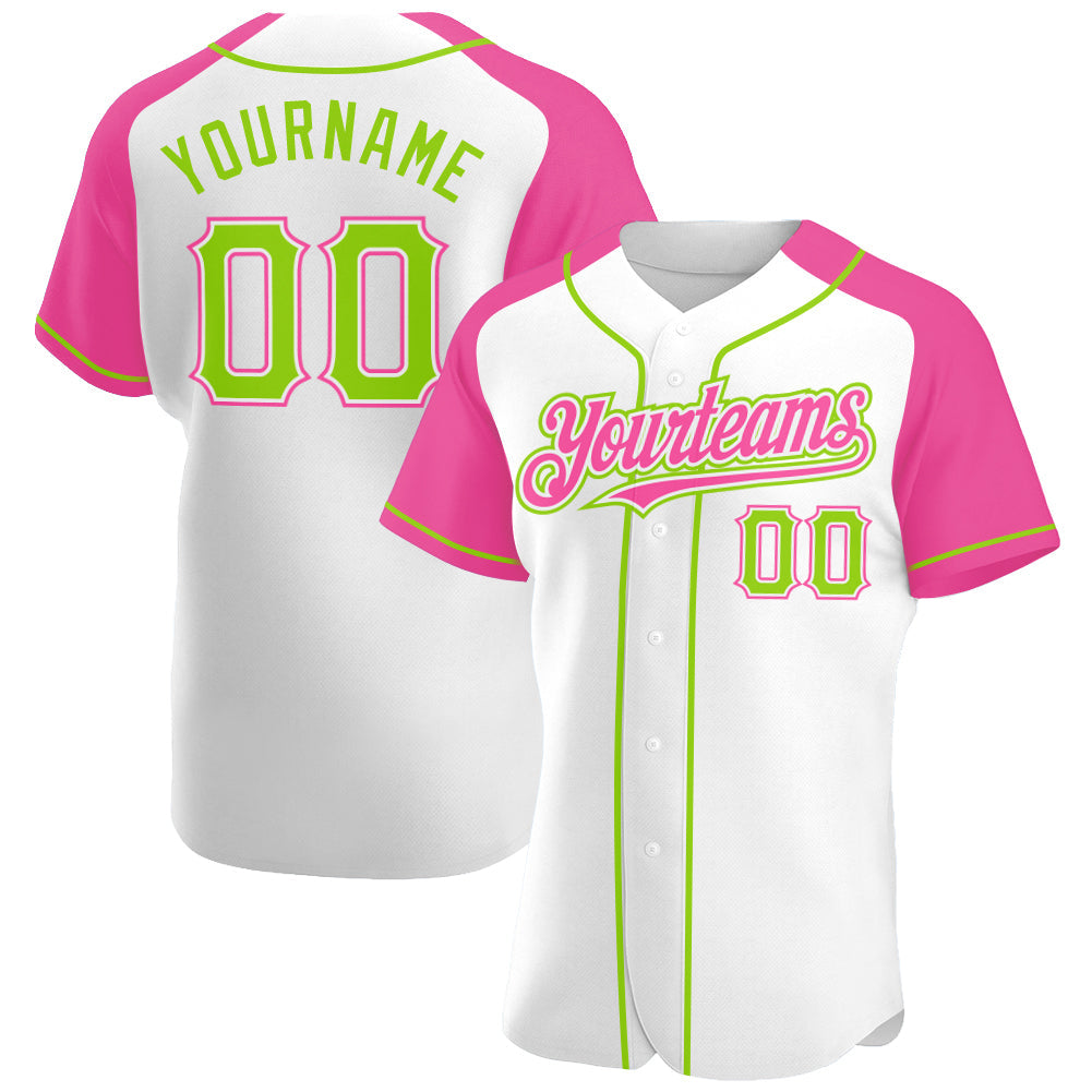 Custom White Neon Green-Pink Authentic Raglan Sleeves Baseball Jersey - Sky-Custom