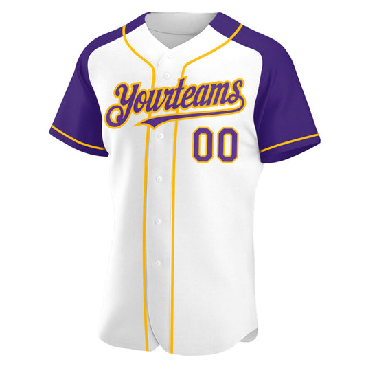 Custom White Purple-Gold Authentic Raglan Sleeves Baseball Jersey - Sky-Custom