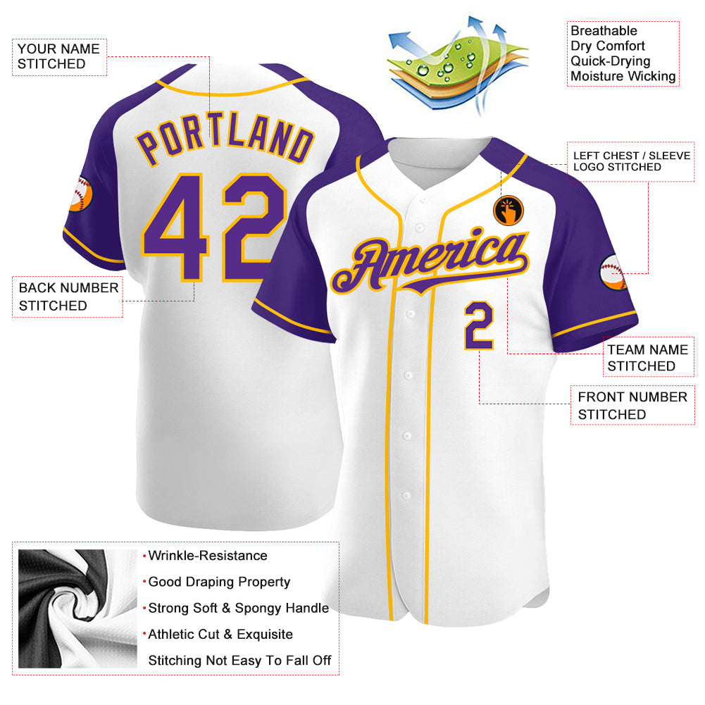 Custom White Purple-Gold Authentic Raglan Sleeves Baseball Jersey - Sky-Custom