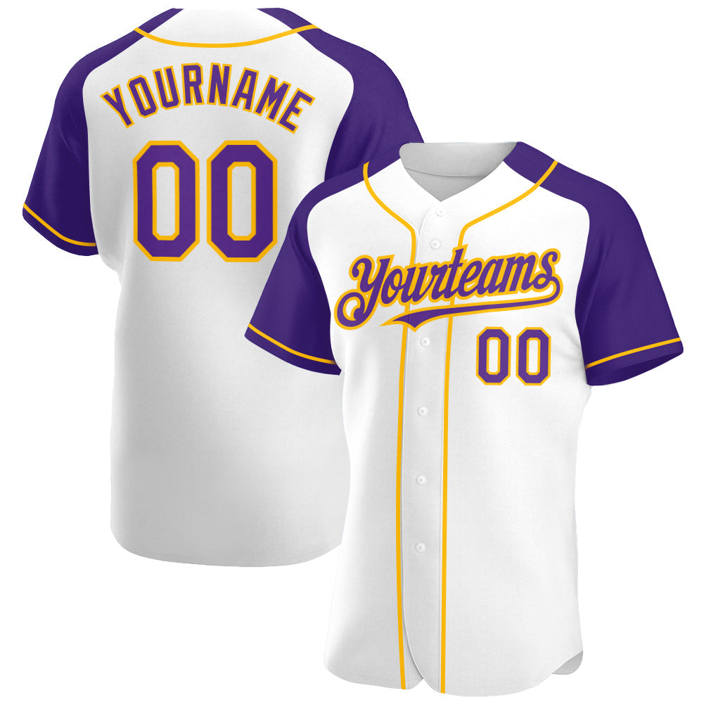 Custom White Purple-Gold Authentic Raglan Sleeves Baseball Jersey - Sky-Custom