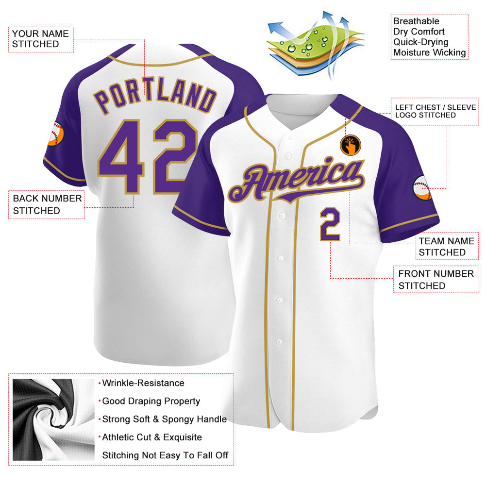 Custom White Purple-Old Gold Authentic Raglan Sleeves Baseball Jersey - Sky-Custom