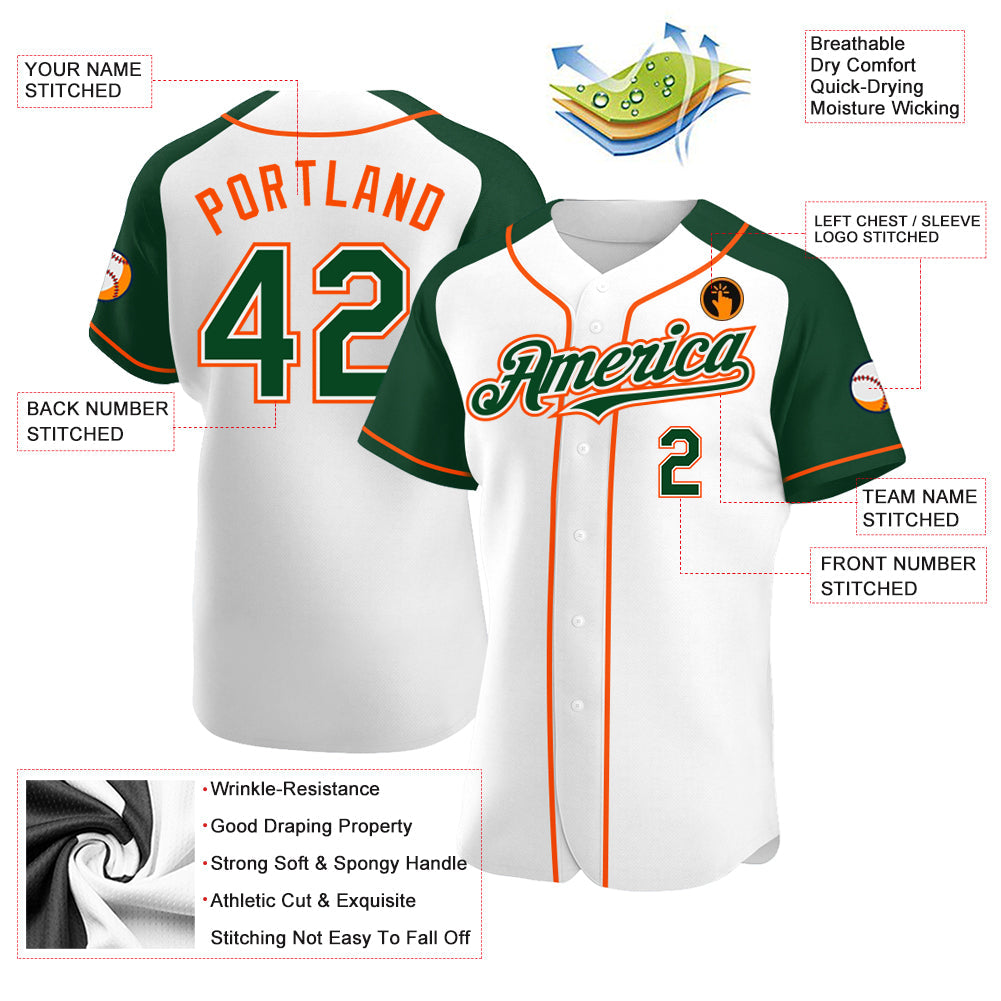 Custom White Green-Orange Authentic Raglan Sleeves Baseball Jersey - Sky-Custom