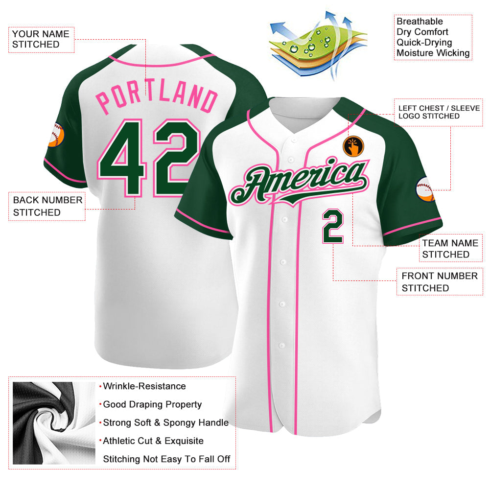 Custom White Green-Pink Authentic Raglan Sleeves Baseball Jersey - Sky-Custom