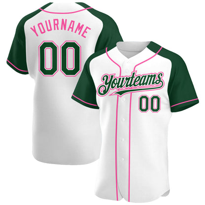 Custom White Green-Pink Authentic Raglan Sleeves Baseball Jersey - Sky-Custom