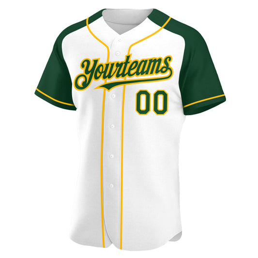 Custom White Green-Gold Authentic Raglan Sleeves Baseball Jersey - Sky-Custom