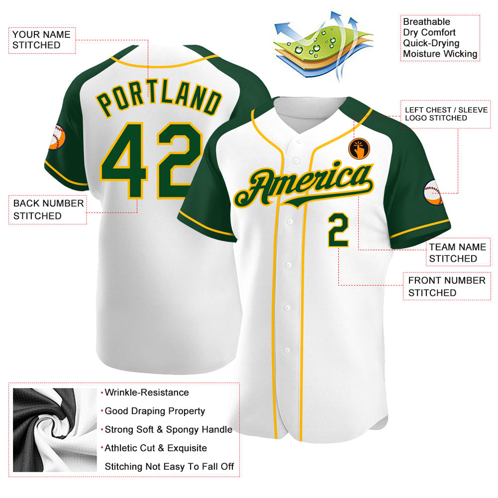Custom White Green-Gold Authentic Raglan Sleeves Baseball Jersey - Sky-Custom