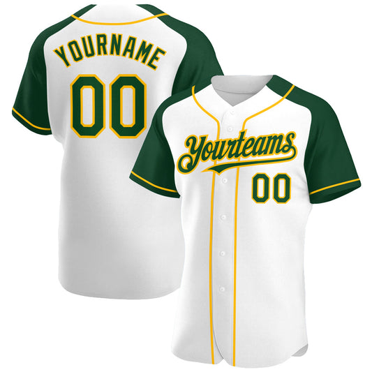 Custom White Green-Gold Authentic Raglan Sleeves Baseball Jersey - Sky-Custom