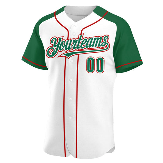 Custom White Kelly Green-Red Authentic Raglan Sleeves Baseball Jersey - Sky-Custom