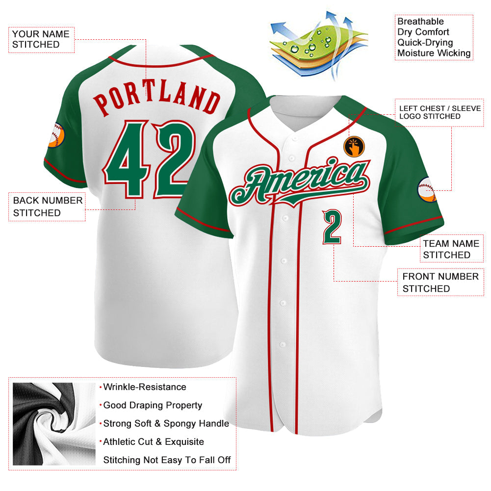 Custom White Kelly Green-Red Authentic Raglan Sleeves Baseball Jersey - Sky-Custom