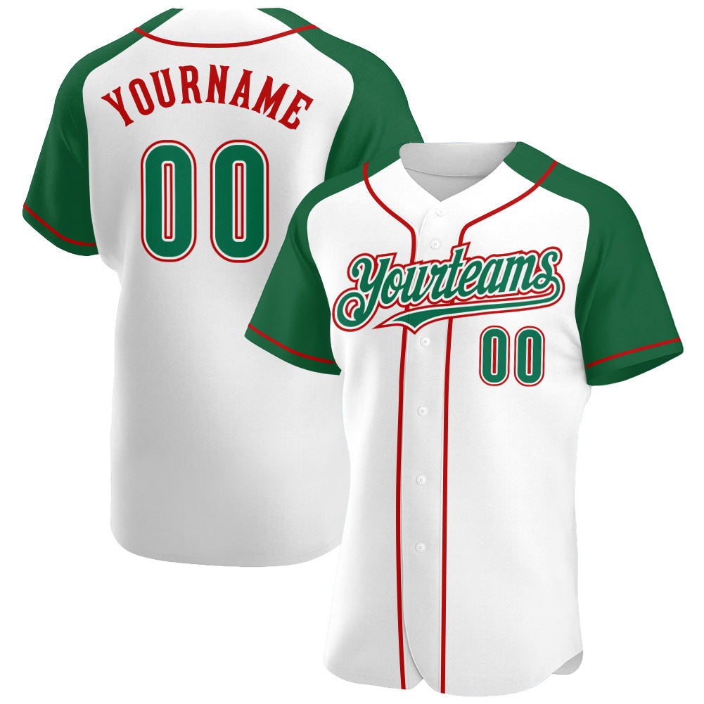 Custom White Kelly Green-Red Authentic Raglan Sleeves Baseball Jersey - Sky-Custom