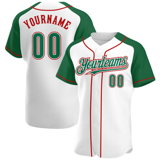 Custom White Kelly Green-Red Authentic Raglan Sleeves Baseball Jersey - Sky-Custom