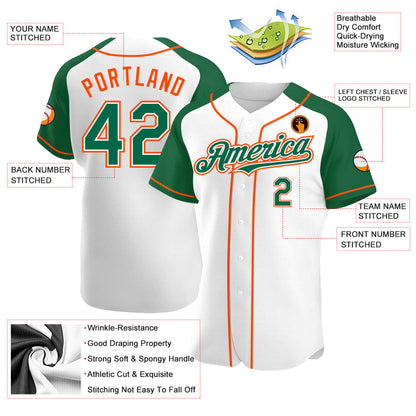 Custom White Kelly Green-Orange Authentic Raglan Sleeves Baseball Jersey - Sky-Custom