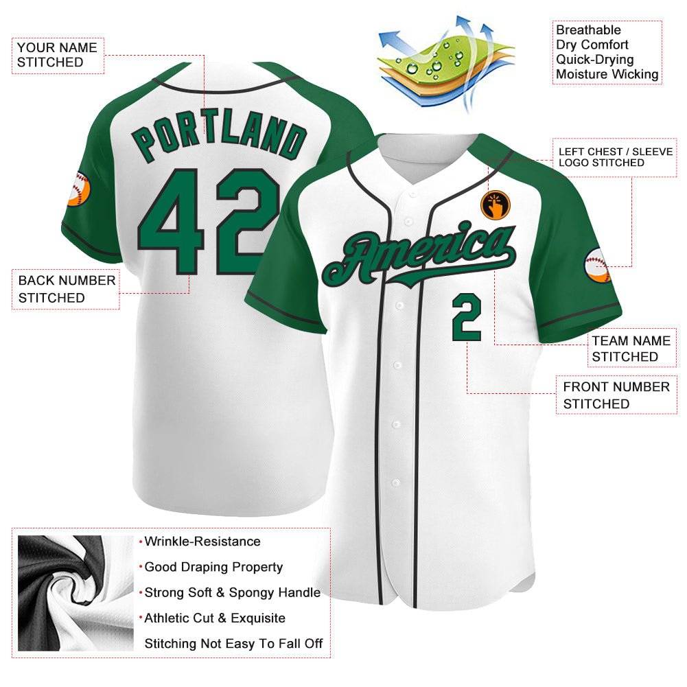 Custom White Kelly Green-Black Authentic Raglan Sleeves Baseball Jersey - Sky-Custom