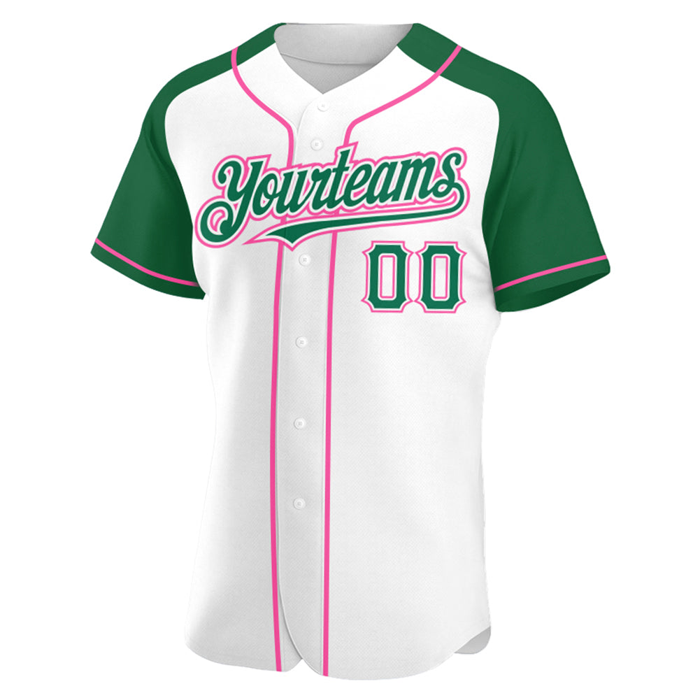 Custom White Kelly Green-Pink Authentic Raglan Sleeves Baseball Jersey - Sky-Custom