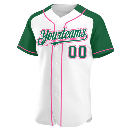 Custom White Kelly Green-Pink Authentic Raglan Sleeves Baseball Jersey - Sky-Custom