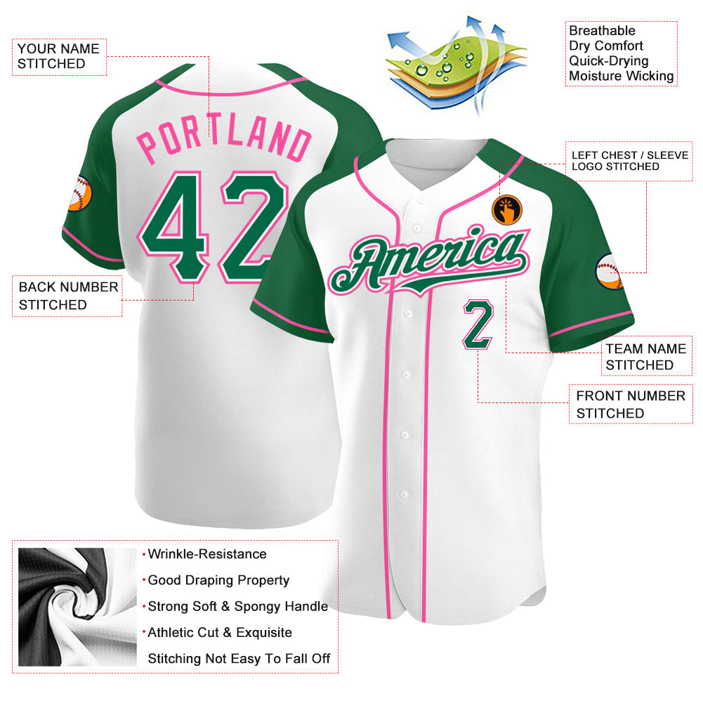 Custom White Kelly Green-Pink Authentic Raglan Sleeves Baseball Jersey - Sky-Custom